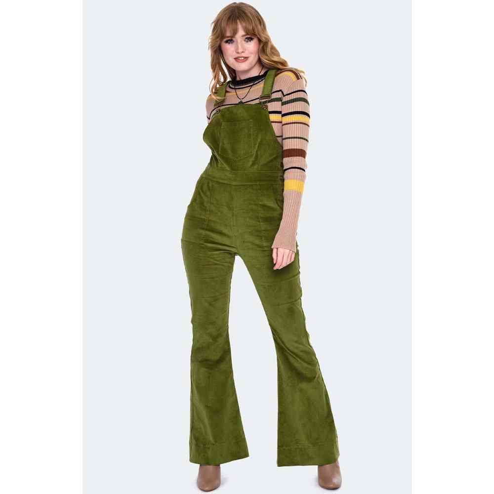 Voodoo Vixen - Corduroy Overall Style Jumpsuit - Olive green